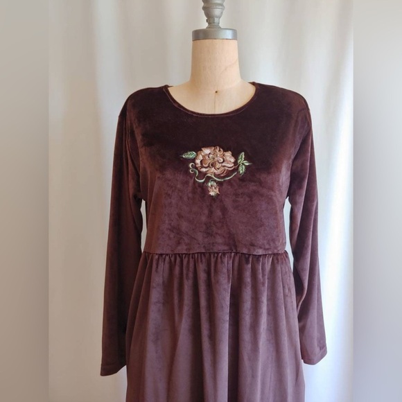 Vintage 90s Velveteen Babydoll Midi Dress Brown Embroidered Fairy Grunge Large - Picture 2 of 12